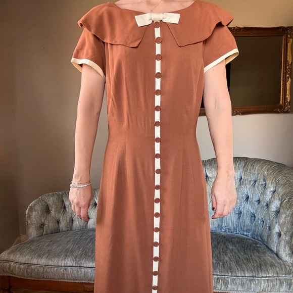 1940s brown linen a line midi dress decorative button front vintage medium - Picture 5 of 13